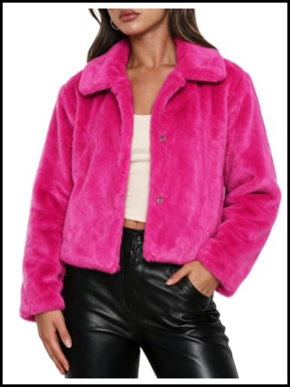 Faux Fur Cropped Jacket Warm Shaggy Fluffy Snap Button Coat